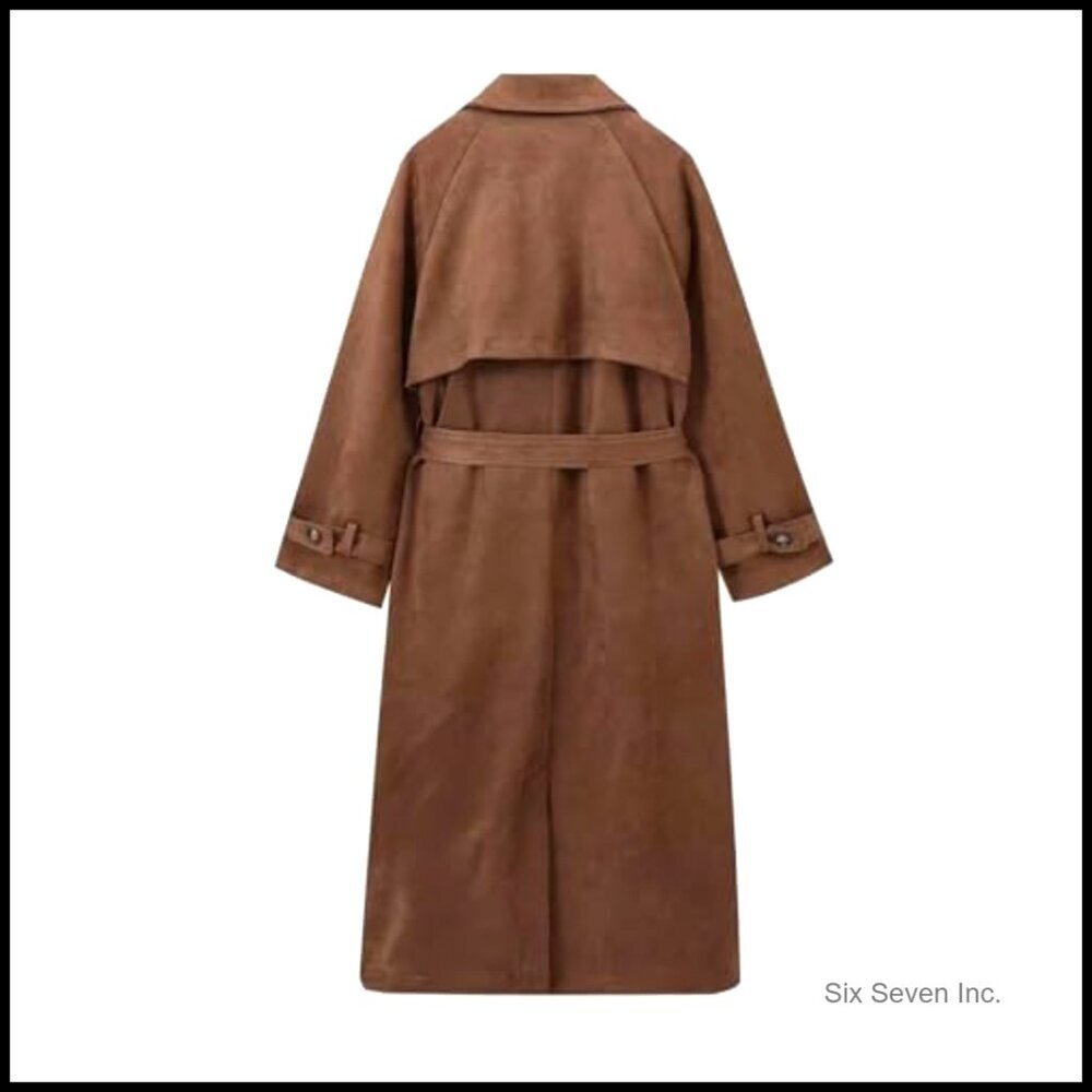 Faux Suede Trench Coat Double Breasted Pea Coat with Belt - Picture 4 of 6